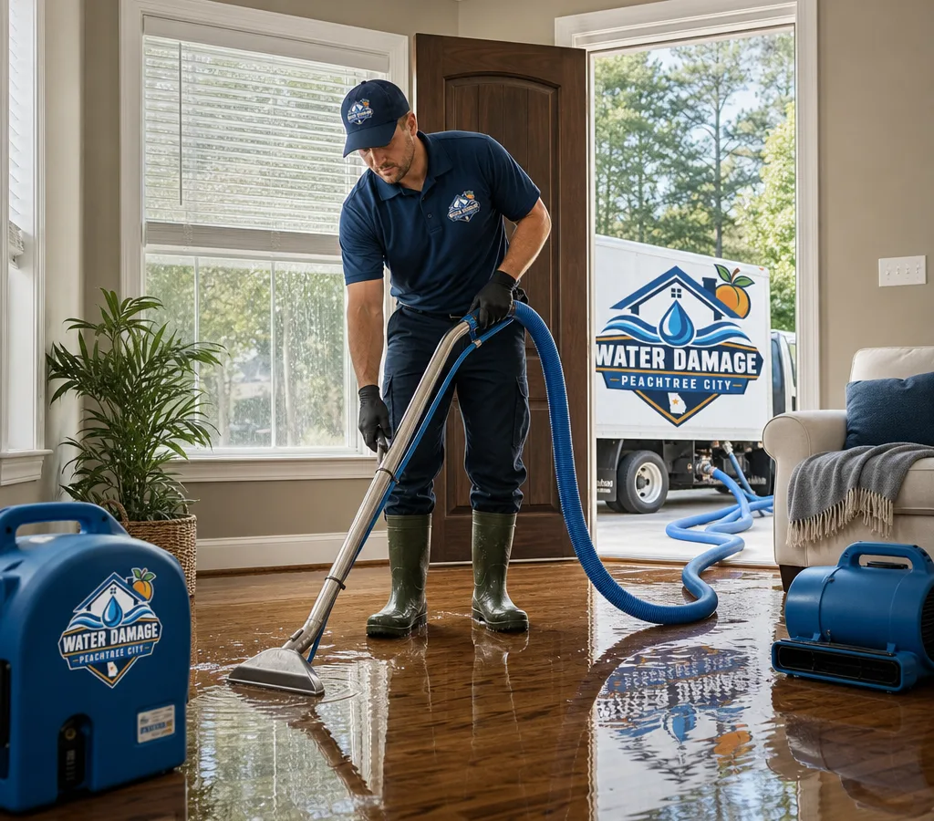 Technician extracting standing water from a residential living area with drying equipment nearby