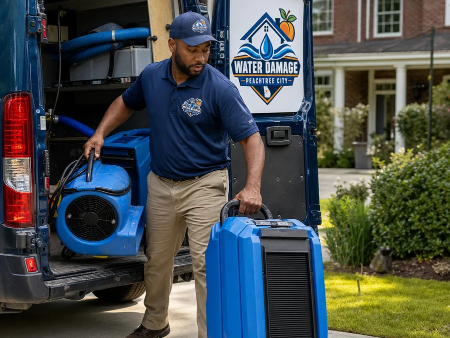 Restoration team member loading air movers and a dehumidifier from a work vehicle
